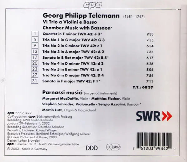 Georg Philipp Telemann - Sergio Azzolini ∙ Parnassi Musici : Trio Sonatas (CD, Album)