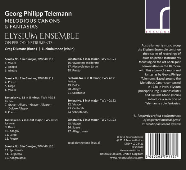 Georg Philipp Telemann, Elysium Ensemble, Greg Dikmans, Lucinda Moon : Melodious Canons & Fantasia (CD, Album)