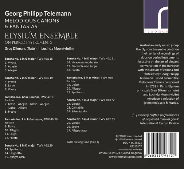 Georg Philipp Telemann, Elysium Ensemble, Greg Dikmans, Lucinda Moon : Melodious Canons & Fantasia (CD, Album)