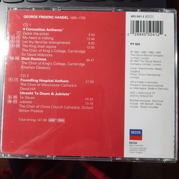 Georg Friedrich Händel, The King's College Choir Of Cambridge · Winchester Cathedral Choir · The Choir Of Christ Church Cathedral : 4 Coronation Anthems · Dixit Dominus · Foundling Hospital Anthem · Utrecht Te Deum and Jubilate (2xCD, Comp, RE, RM)