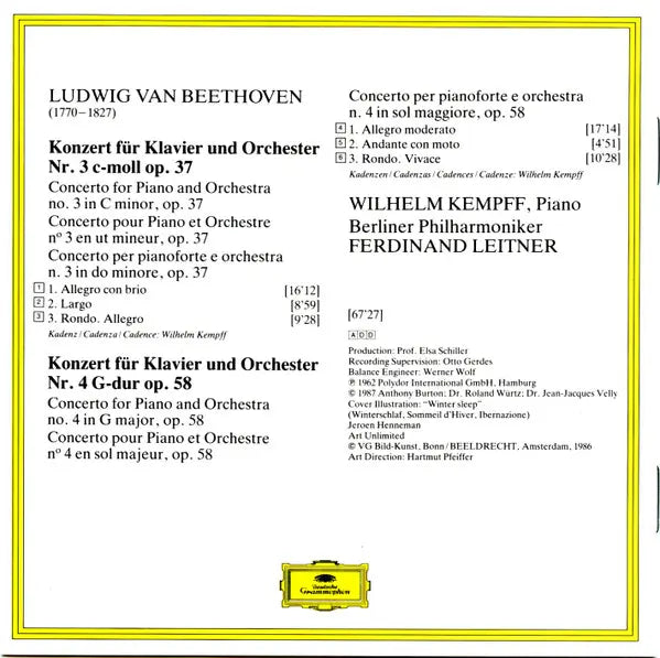 Ludwig van Beethoven, Wilhelm Kempff, Berliner Philharmoniker, Ferdinand Leitner : Klavierkonzerte Nr. 3 & 4 (CD, Comp, RM, RP, PMD)