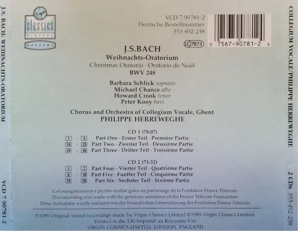 Johann Sebastian Bach - Barbara Schlick, Michael Chance, Howard Crook, Peter Kooij, Collegium Vocale, Philippe Herreweghe : Weihnachts-Oratorium = Christmas Oratorio = Oratorio De Noël (2xCD)