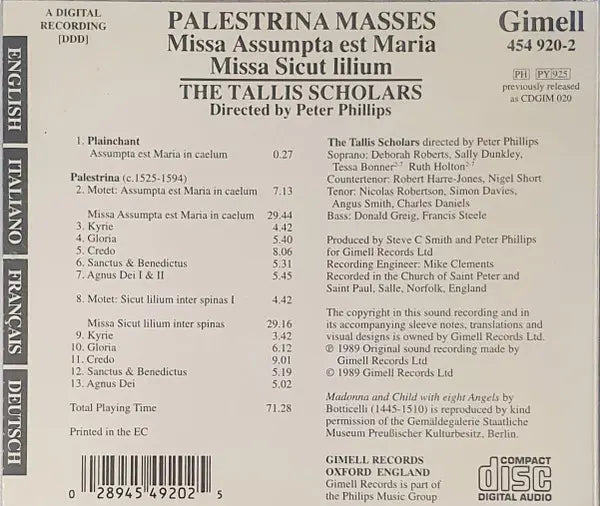 Giovanni Pierluigi da Palestrina, The Tallis Scholars, Peter Phillips (2) : Masses: Missa Assumpta Est Maria / Missa Sicut Lilium (CD, Album, RE)