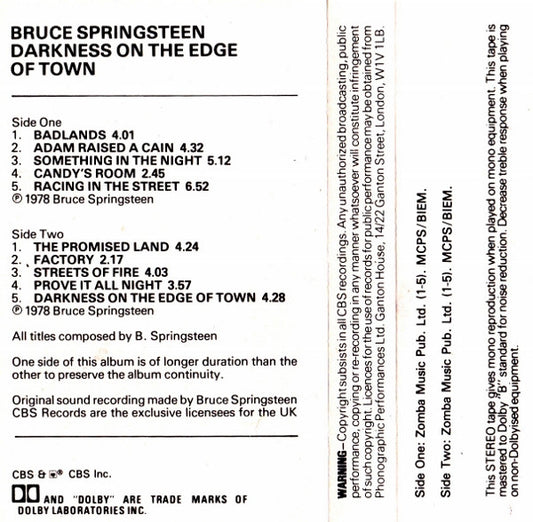 Bruce Springsteen : Darkness On The Edge Of Town (Cass, Album, RE)