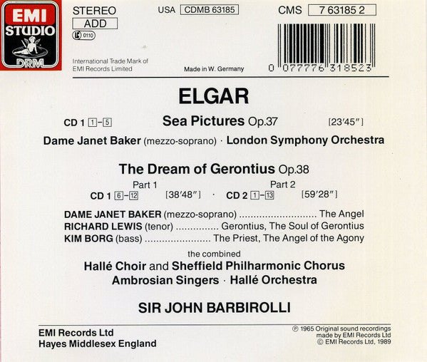 Sir Edward Elgar, Janet Baker, Richard Lewis (3), Kim Borg, Hallé Choir, Sheffield Philharmonic Chorus, The Ambrosian Singers, Hallé Orchestra, London Symphony Orchestra, Sir John Barbirolli : The Dream Of Gerontius / Sea Pictures (2xCD, Album, Comp, RM)