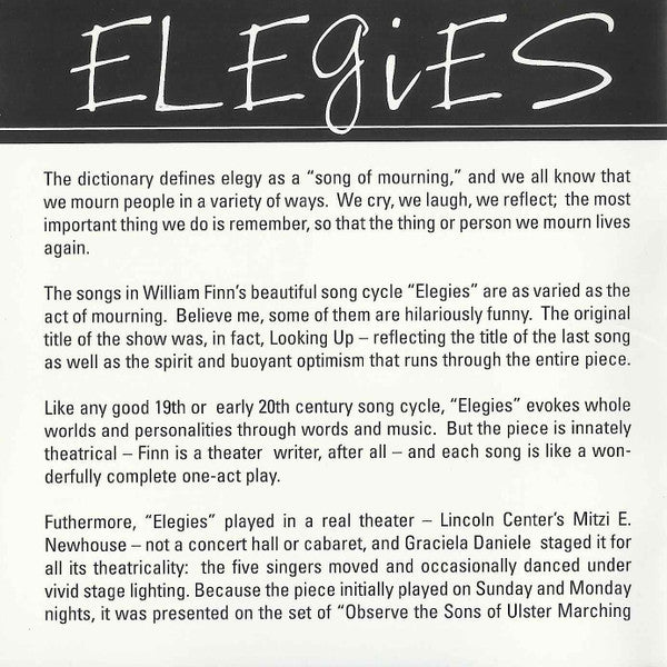 William Finn : Elegies - A Song Cycle (CD, Album)