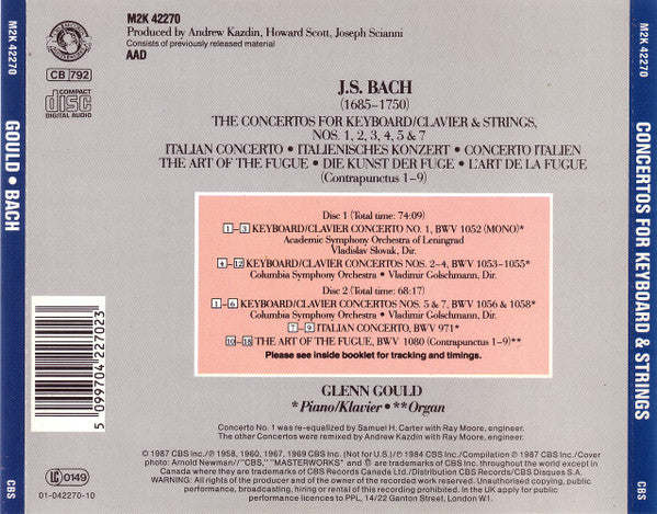 Glenn Gould, Columbia Symphony Orchestra, Vladimir Golschmann - Johann Sebastian Bach : The Concertos For Keyboard/Clavier & Strings Nos. 1, 2, 3, 4, 5, & 7; Italian Concerto; The Art Of The Fugue (Contrapunctus 1-9) (2xCD, Comp, RM)