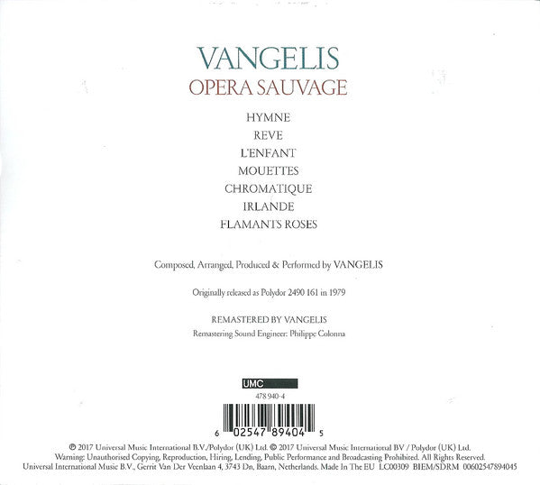 Vangelis : Opera Sauvage  (CD, Album, RE, RM, Dig)