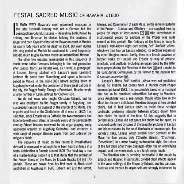 Roland de Lassus, Hans Leo Haßler, Christian Erbach - Westminster Cathedral Choir, James O'Donnell (2), His Majestys Sagbutts And Cornetts : Festal Sacred Music Of Bavaria, c1600: Missa Bell' Amfitrit' Altera (CD, Album, RE)