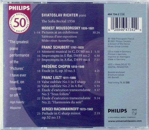 Sviatoslav Richter / Frédéric Chopin, Franz Liszt, Modest Mussorgsky, Franz Schubert : The Sofia Recital 1958 (CD, Album, RE, RM)