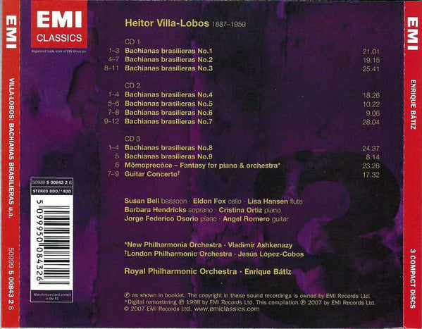 Heitor Villa-Lobos, Barbara Hendricks, Cristina Ortiz, Angel Romero (2), Royal Philharmonic Orchestra, Enrique Batiz : Bachianas Brasileiras • Mômoprecóce • Guitar Concerto (3xCD, Comp, RE, RM)