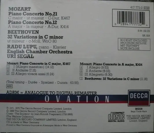 Wolfgang Amadeus Mozart, Radu Lupu : Piano Concertos No.21, K467 • No.12, K414 (CD, RE, RM)