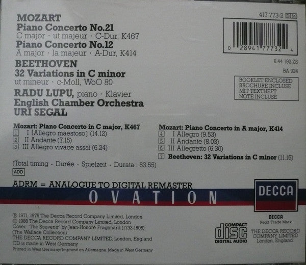 Wolfgang Amadeus Mozart, Radu Lupu : Piano Concertos No.21, K467 • No.12, K414 (CD, RE, RM)
