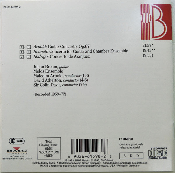 Julian Bream, Joaquín Rodrigo, Malcolm Arnold, Richard Rodney Bennett, Melos Ensemble Of London, Sir Colin Davis, David Atherton (2) : Guitar Concertos (CD, Album, Comp, RE)
