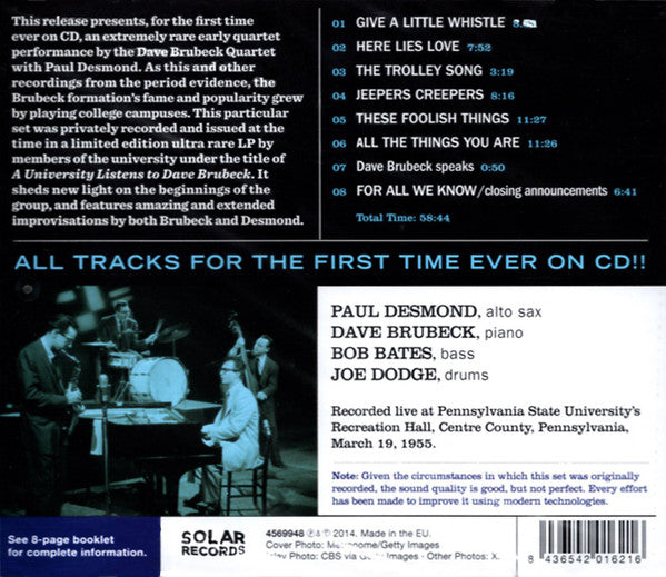 The Dave Brubeck Quartet With Paul Desmond : At Pennsylvania State University 1955 (CD, Album, RE)