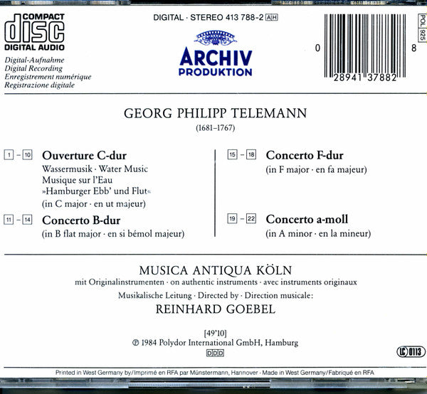 Georg Philipp Telemann - Musica Antiqua Köln • Reinhard Goebel : Wassermusik = Water Music = Musique Sur L'Eau / 3 Konzerte = Concertos (CD, Album, RP)