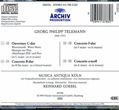Georg Philipp Telemann - Musica Antiqua Köln • Reinhard Goebel : Wassermusik = Water Music = Musique Sur L'Eau / 3 Konzerte = Concertos (CD, Album, RP)