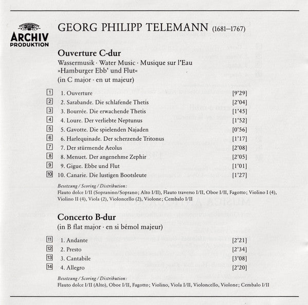 Georg Philipp Telemann - Musica Antiqua Köln • Reinhard Goebel : Wassermusik = Water Music = Musique Sur L'Eau / 3 Konzerte = Concertos (CD, Album, RP)