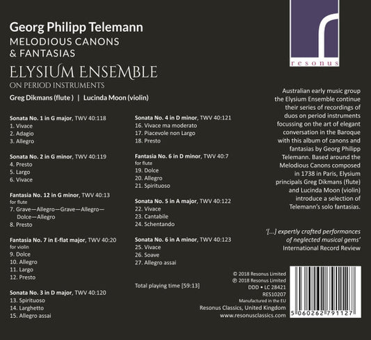 Georg Philipp Telemann, Elysium Ensemble, Greg Dikmans, Lucinda Moon : Melodious Canons & Fantasia (CD, Album)