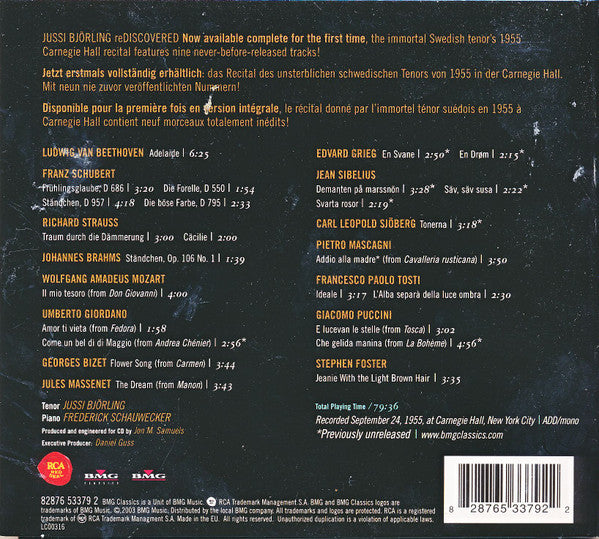 Jussi Björling : Björling reDiscovered: Carnegie Hall Recital (CD, Album, Mono, RE, RM, Dig)