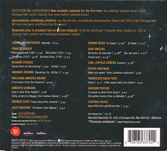 Jussi Björling : Björling reDiscovered: Carnegie Hall Recital (CD, Album, Mono, RE, RM, Dig)