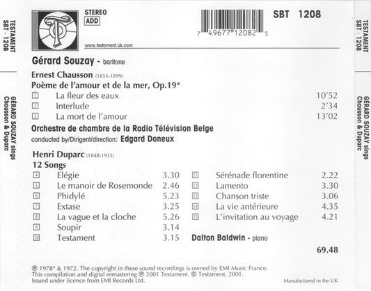Gérard Souzay - Ernest Chausson, Orchestre De Chambre RTBF/BRT, Edgar Doneux - Henri Duparc, Dalton Baldwin : Chausson Duparc (CD, Comp, RM)