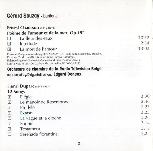 Gérard Souzay - Ernest Chausson, Orchestre De Chambre RTBF/BRT, Edgar Doneux - Henri Duparc, Dalton Baldwin : Chausson  Duparc (CD, Comp, RM)