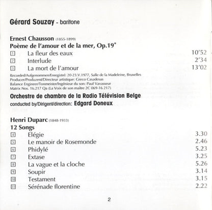 Gérard Souzay - Ernest Chausson, Orchestre De Chambre RTBF/BRT, Edgar Doneux - Henri Duparc, Dalton Baldwin : Chausson  Duparc (CD, Comp, RM)