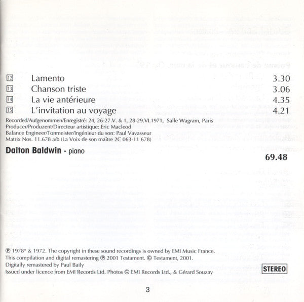 Gérard Souzay - Ernest Chausson, Orchestre De Chambre RTBF/BRT, Edgar Doneux - Henri Duparc, Dalton Baldwin : Chausson  Duparc (CD, Comp, RM)