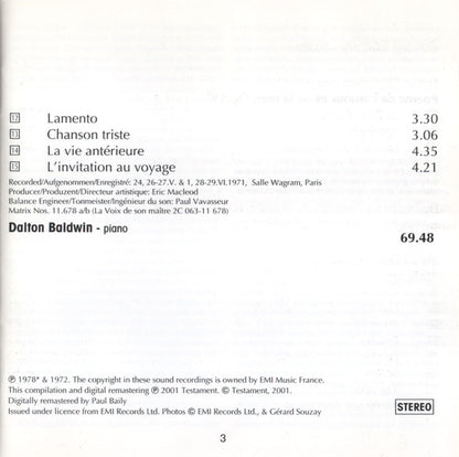 Gérard Souzay - Ernest Chausson, Orchestre De Chambre RTBF/BRT, Edgar Doneux - Henri Duparc, Dalton Baldwin : Chausson  Duparc (CD, Comp, RM)