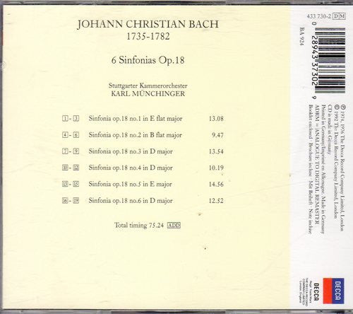 Johann Christian Bach, Stuttgarter Kammerorchester, Karl Münchinger : 6 Sinfonias Op. 18 (CD, Comp, RM)