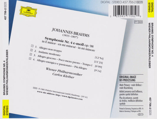 Johannes Brahms - Wiener Philharmoniker, Carlos Kleiber : Symphonie No. 4 (CD, Album, RE, RM, Son)