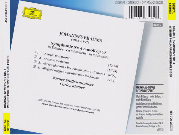 Johannes Brahms - Wiener Philharmoniker, Carlos Kleiber : Symphonie No. 4 (CD, Album, RE, RM, Son)