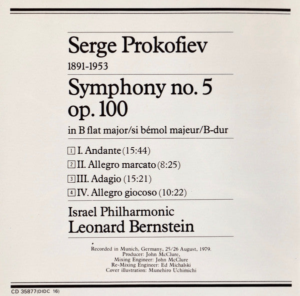 Sergei Prokofiev - Leonard Bernstein, Israel Philharmonic Orchestra : Symphony No. 5 In B-Flat Major, Op. 100 (CD, Album)