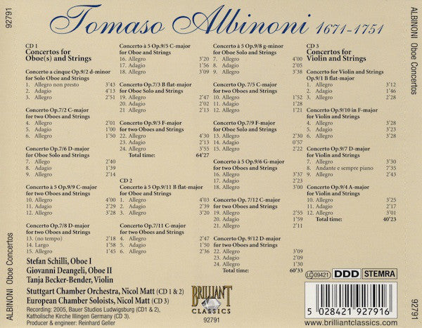 Tomaso Albinoni, Stefan Schilli, Stuttgarter Kammerorchester, Nicol Matt : Oboe Concertos Complete, Op. 7 & 9 (3xCD, Album)