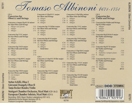 Tomaso Albinoni, Stefan Schilli, Stuttgarter Kammerorchester, Nicol Matt : Oboe Concertos Complete, Op. 7 & 9 (3xCD, Album)