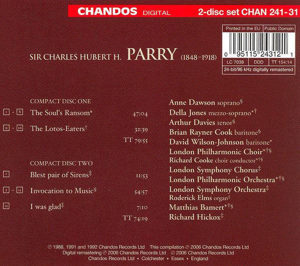 Charles Hubert Hastings Parry : Invocation To Music / The Soul's Ransom / The Lotos-Eaters / Blest Pair Of Sirens / I Was Glad (2xCD, Album, Comp, RM)