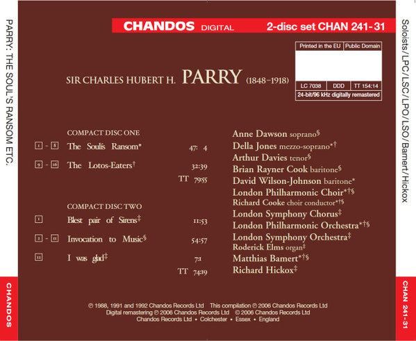 Charles Hubert Hastings Parry : Invocation To Music / The Soul's Ransom / The Lotos-Eaters / Blest Pair Of Sirens / I Was Glad (2xCD, Album, Comp, RM)