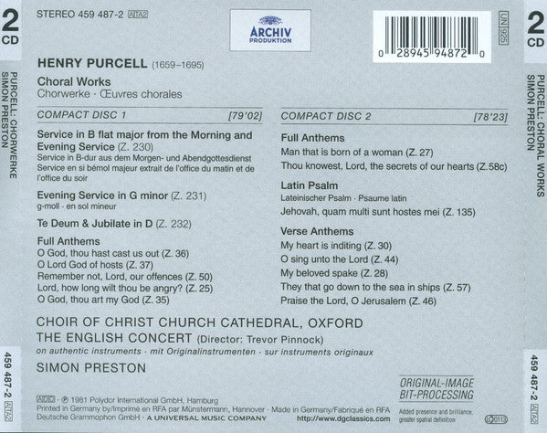 Henry Purcell -  The Choir Of Christ Church Cathedral, The English Concert, Simon Preston : Choral Works (2xCD, Album, RE, RM)
