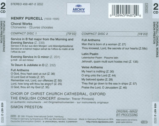 Henry Purcell -  The Choir Of Christ Church Cathedral, The English Concert, Simon Preston : Choral Works (2xCD, Album, RE, RM)