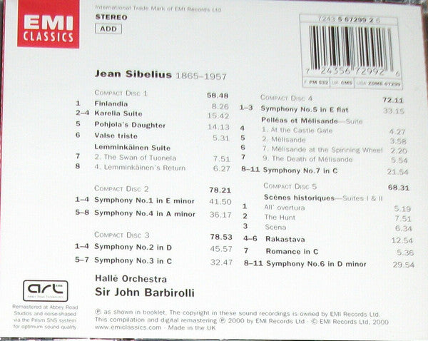 Jean Sibelius - Sir John Barbirolli, Hallé Orchestra : Symphonies 1–7 / Orchestral Works (The Complete Stereo EMI Recordings) (5xCD, Album, Comp, RM)