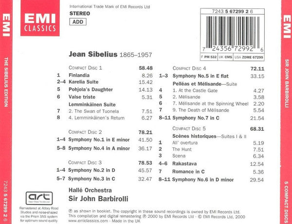 Jean Sibelius - Sir John Barbirolli, Hallé Orchestra : Symphonies 1–7 / Orchestral Works (The Complete Stereo EMI Recordings) (5xCD, Album, Comp, RM)