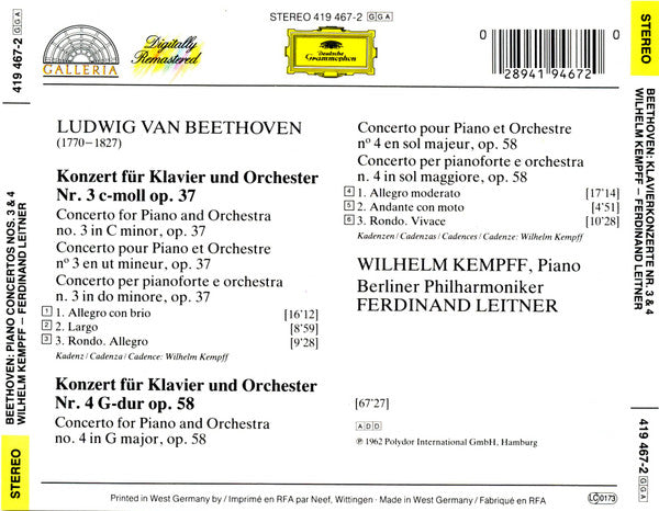 Ludwig van Beethoven, Wilhelm Kempff, Berliner Philharmoniker, Ferdinand Leitner : Klavierkonzerte Nr. 3 & 4 (CD, Comp, RM, RP, PMD)