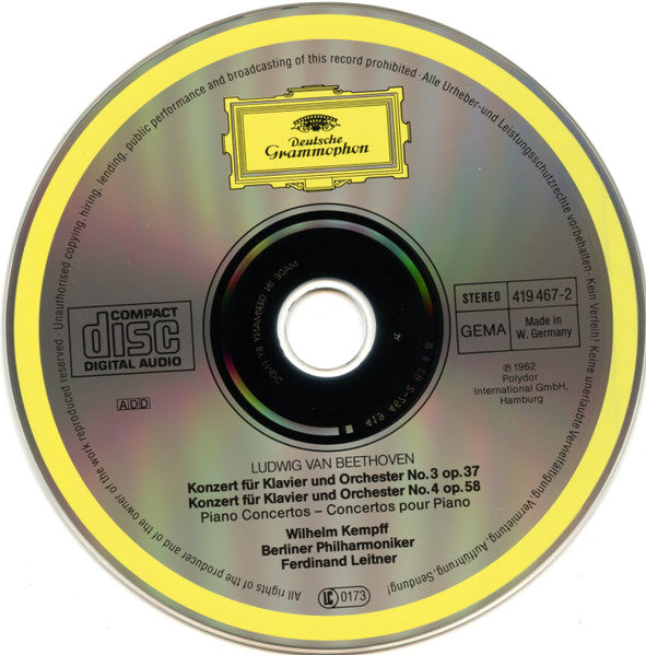 Ludwig van Beethoven, Wilhelm Kempff, Berliner Philharmoniker, Ferdinand Leitner : Klavierkonzerte Nr. 3 & 4 (CD, Comp, RM, RP, PMD)