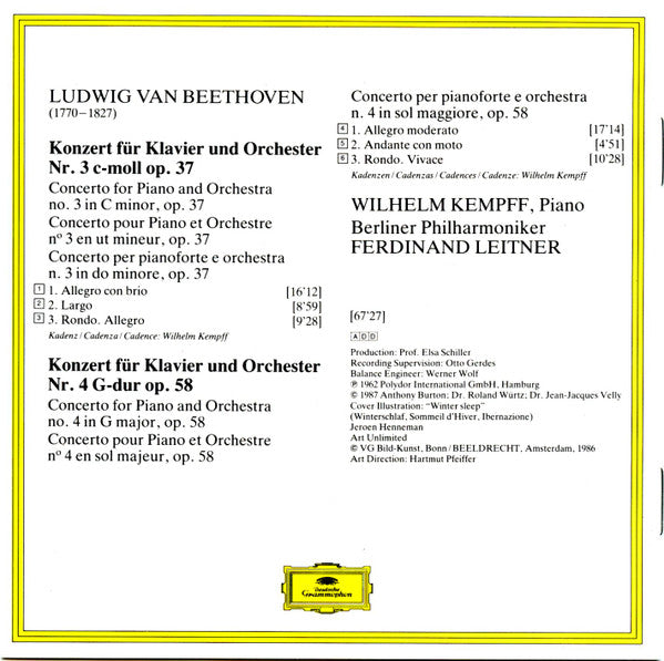 Ludwig van Beethoven, Wilhelm Kempff, Berliner Philharmoniker, Ferdinand Leitner : Klavierkonzerte Nr. 3 & 4 (CD, Comp, RM, RP, PMD)