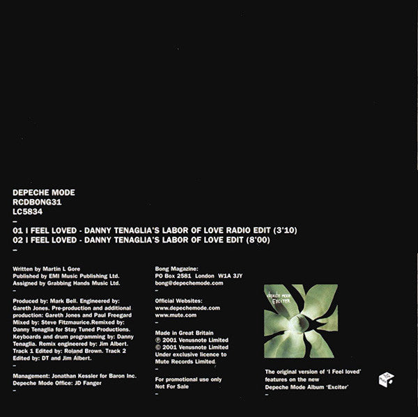 Depeche Mode : I Feel Loved (Danny Tenaglia Mix And Edit) (CD, Single, Promo)