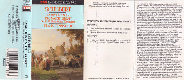 Franz Schubert, Berliner Philharmoniker, Klaus Tennstedt : Symphony No. 9 In C Major "Great" (Cass, Album, RE)