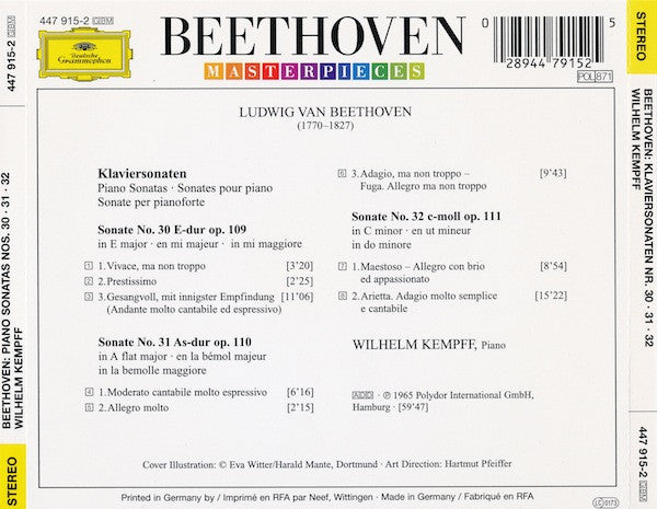 Ludwig van Beethoven - Wilhelm Kempff : Klaviersonaten = Piano Sonatas Nos. 30 ∙ 31 ∙ 32 (CD, Album, RE, RM)