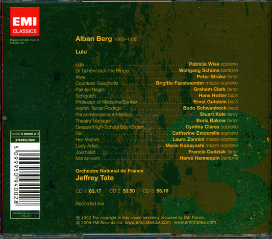 Alban Berg, Patricia Wise, Brigitte Fassbaender, Peter Straka, Wolfgang Schöne, Hans Hotter, Orchestre National De France, Jeffrey Tate : Lulu (3xCD, Album, RE)
