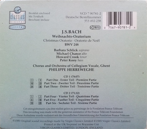 Johann Sebastian Bach - Barbara Schlick, Michael Chance, Howard Crook, Peter Kooij, Collegium Vocale, Philippe Herreweghe : Weihnachts-Oratorium = Christmas Oratorio = Oratorio De Noël (2xCD)